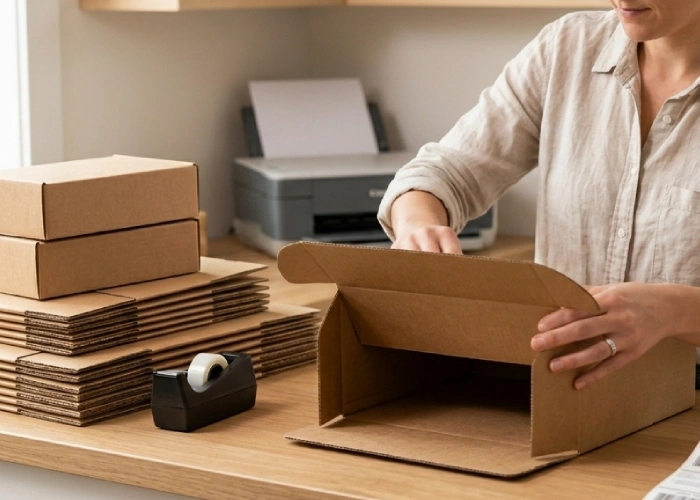 A small business owner smoothly folding open flat-packed brown parcel boxes at a tidy workspace counter.