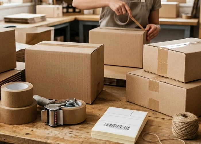 Eco packaging with recyclable cardboard boxes for small business products and eCommerce shipping.