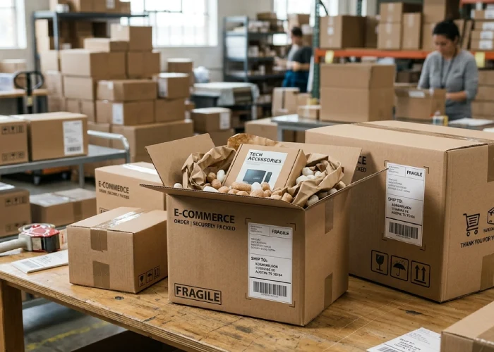 Corrugated cardboard packing boxes for safe e-commerce product delivery
