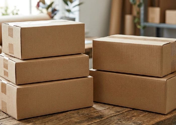 Small cardboard packaging boxes designed for safe shipping and recyclable packaging.