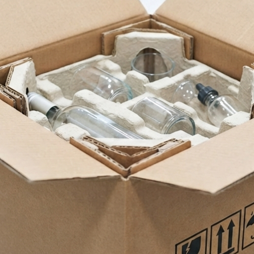 Bottles secured inside specialized packaging boxes for glass products