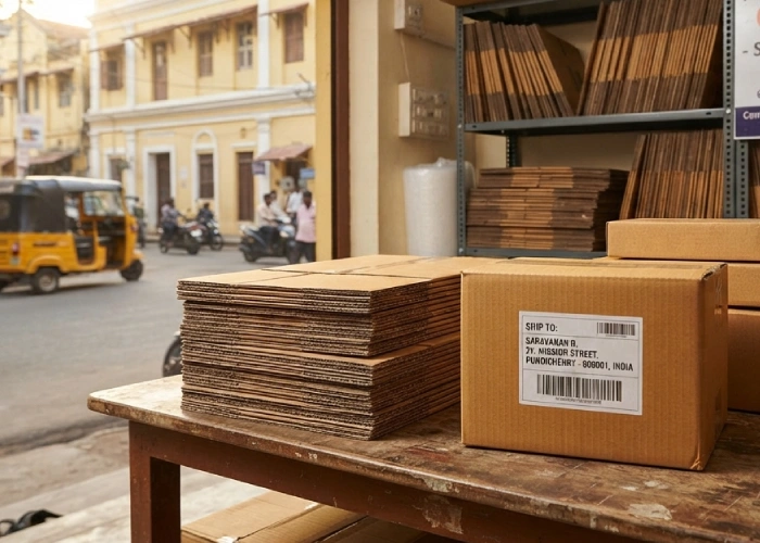corrugated shipping boxes stacked for online orders in Pondicherry