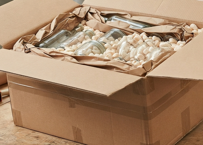 Heavy duty packaging boxes for glass products packed with cushioning
