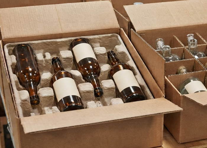 Secure corrugated packaging boxes for glass products arranged safely