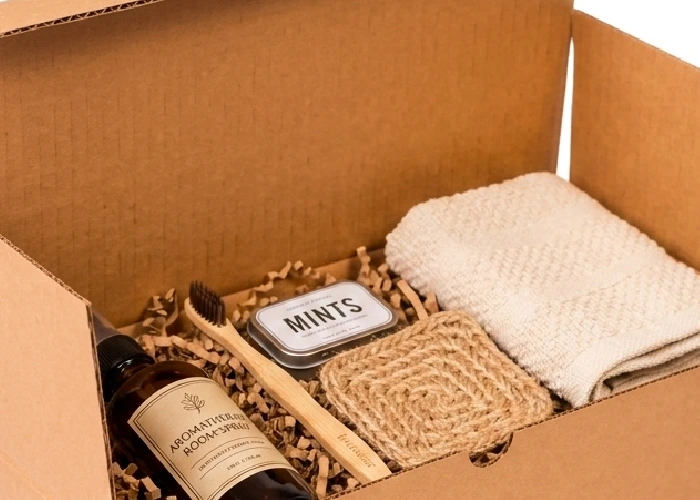 A sturdy brown packaging box with lifestyle products packed inside for safe shipping.