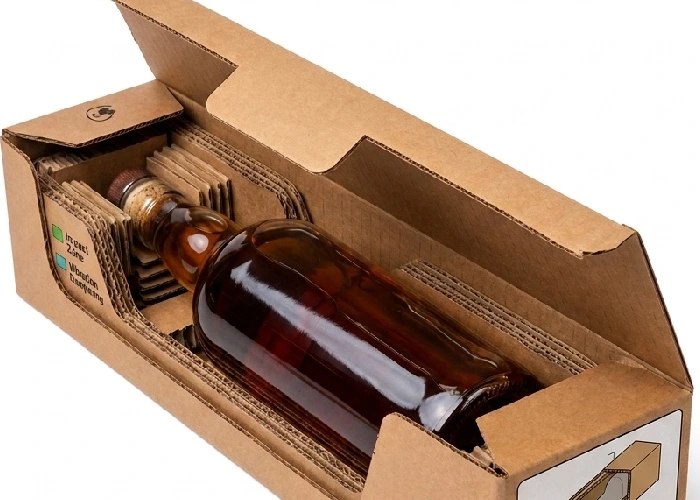 Specialized bottle box packaging to prevent breakage in transit.