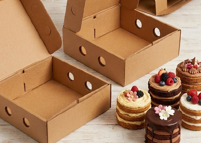 Thick brown cake packaging boxes folded into a square shape