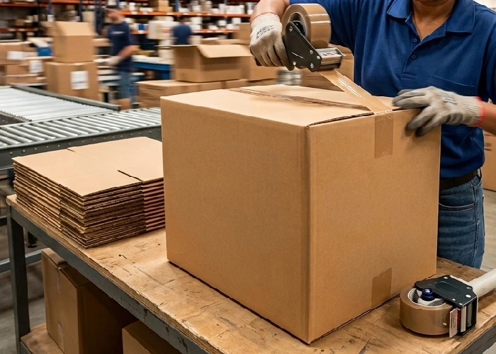 A warehouse worker quickly assembling a standardized Ecobox India carton for high-volume shipping.