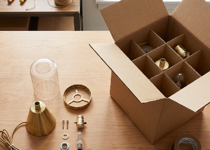 A clean lamp shade placed beside a specialized eco-box with protective paperboard dividers