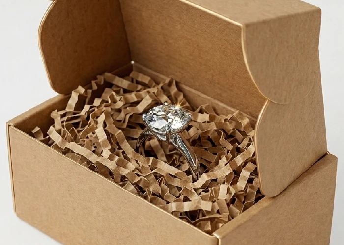 Diamond ring inside a premium jewelry box with a soft velvet insert.