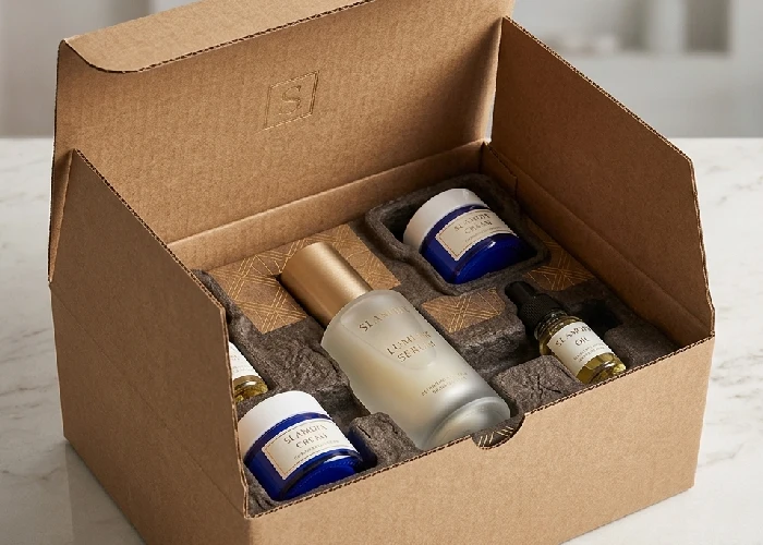 Luxury skincare product inside a custom design box with protective inserts.
